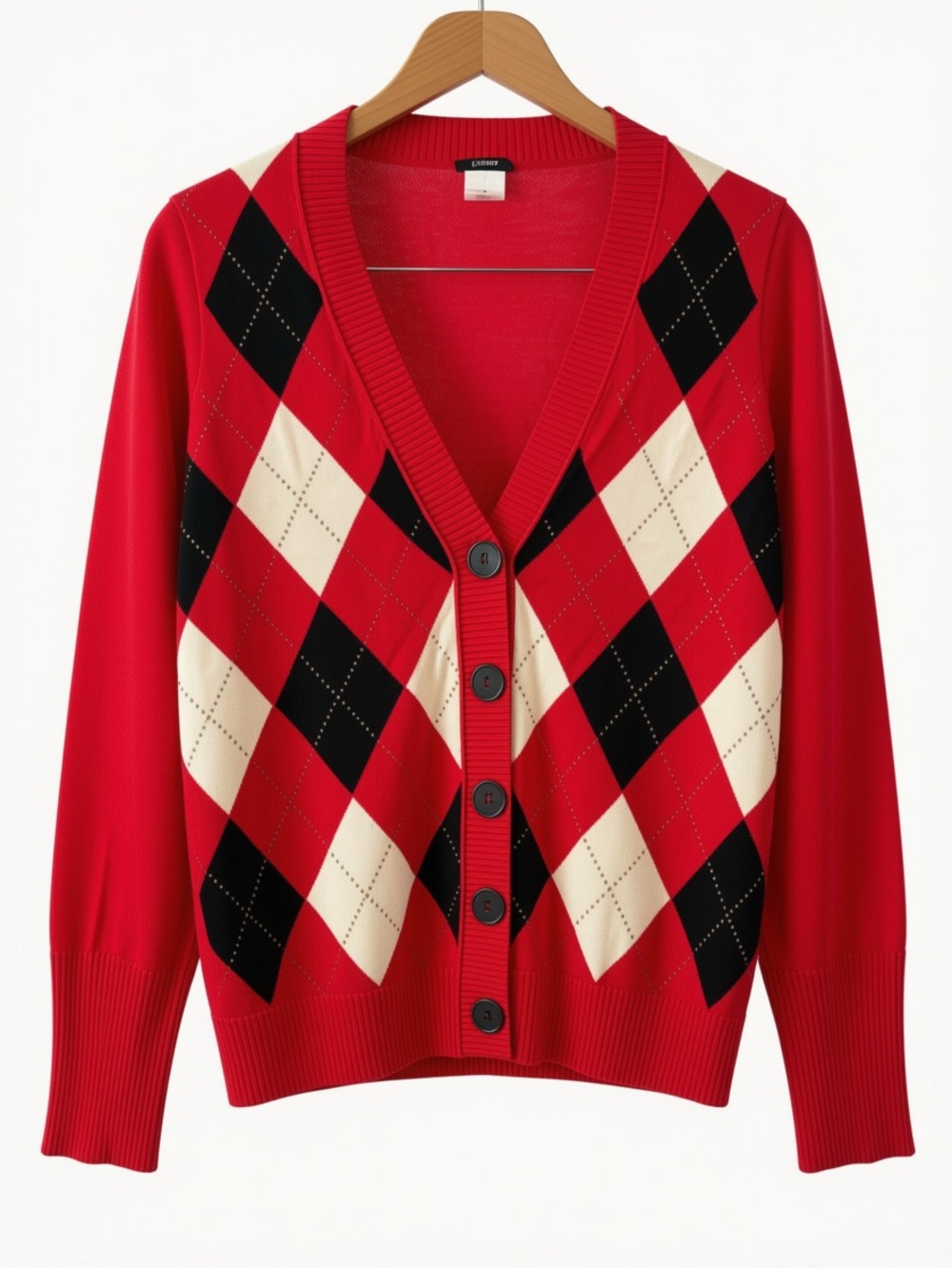 J. Crew Red Argyle Button Cardigan with Cream and Black Diamonds
